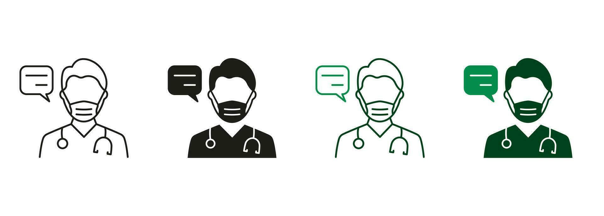 Physician Talking Black and Color Pictogram. Healthcare Chat, Medic Conversation Symbols. Doctor in Mask with Speech Bubble Consultation Line and Silhouette Icon Set. Isolated Vector Illustration.