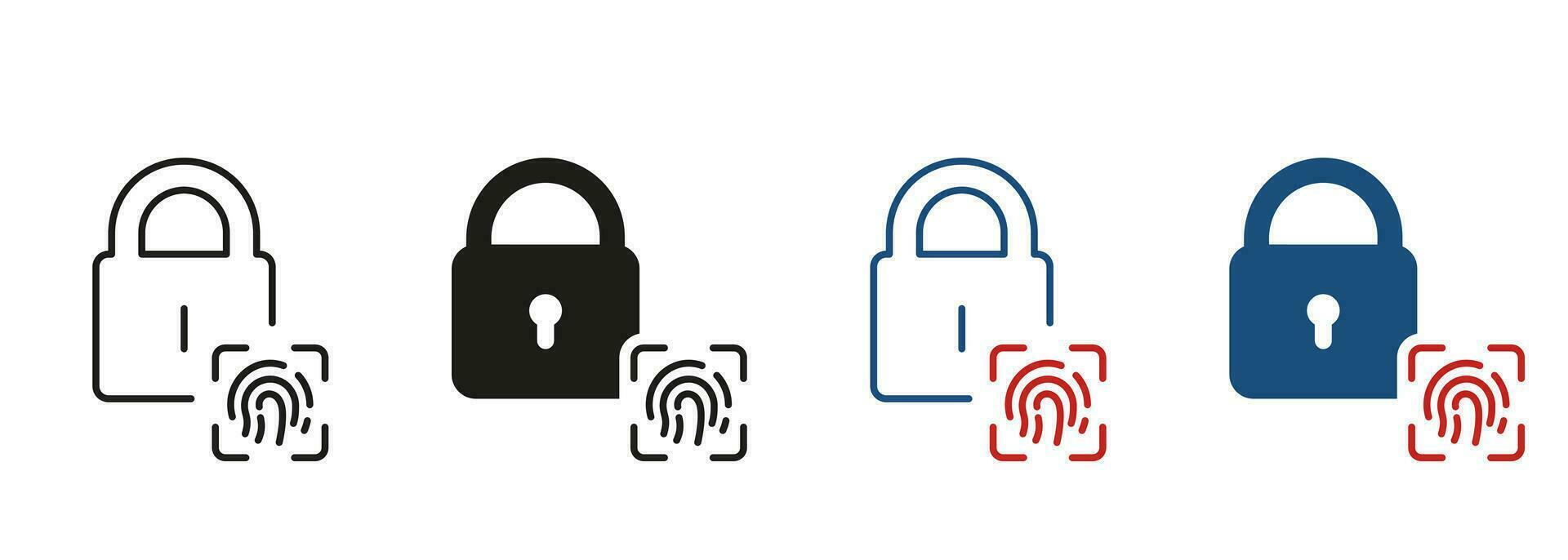 Lock with Fingerprint ID Pictogram. Unique Thumbprint, Safety Privacy Symbol Collection. Padlock and Finger Print Biometric Identification Line and Silhouette Icon Set. Isolated Vector Illustration.