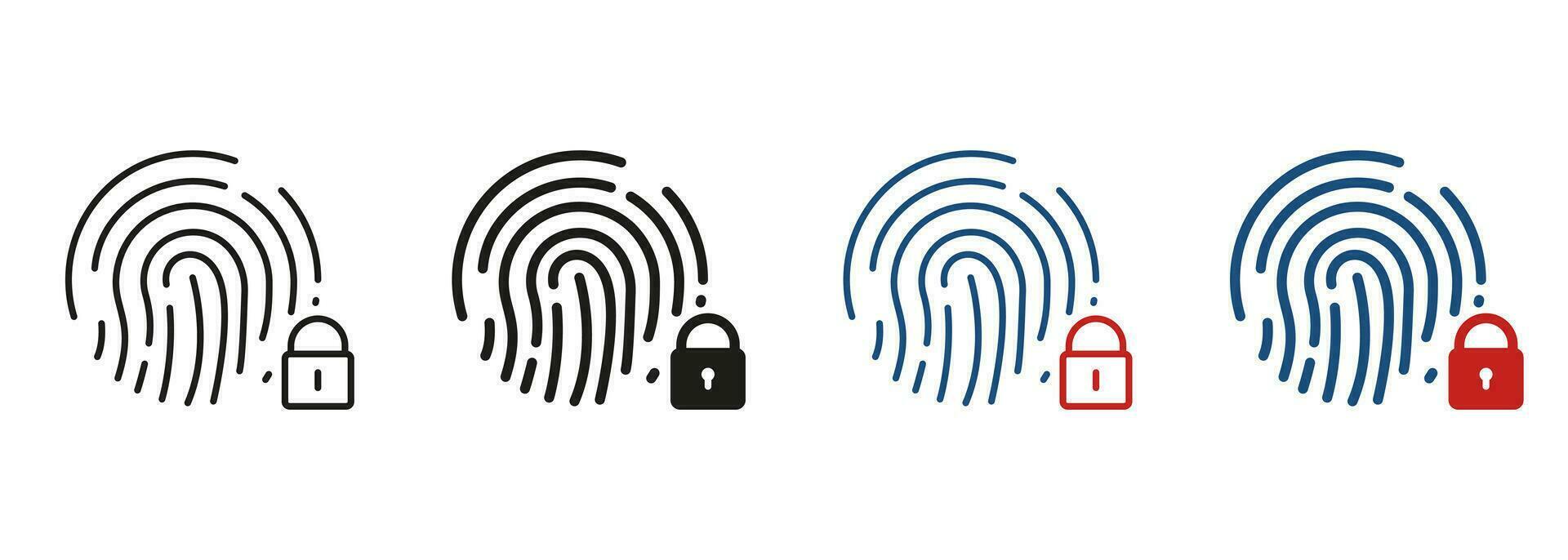Touch ID Pictogram. Finger Print Scanner with Lock Symbol Collection. Fingerprint Identification Line and Silhouette Icon Set. Biometric Identity Sign. Isolated Vector Illustration.