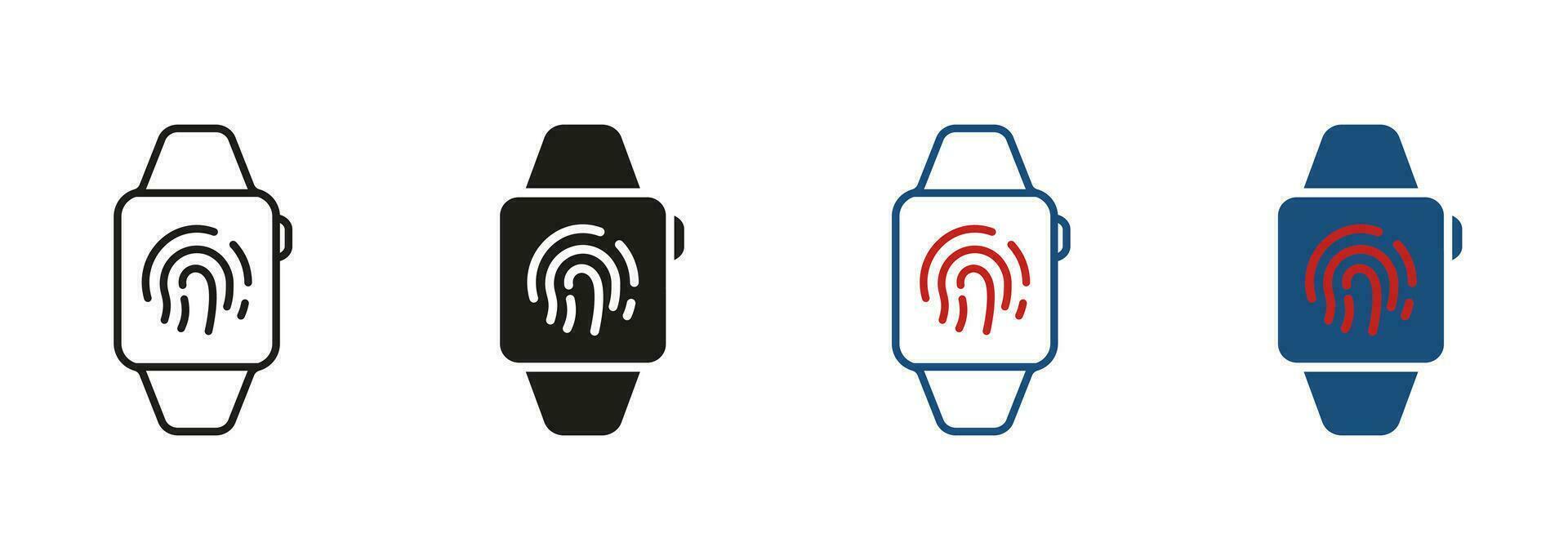 Biometric Identification Pictogram. Smart Watch with Fingerprint. Touch ID Technology in Smartwatch Line and Silhouette Icon Set. Security Touchscreen Symbol Collection. Isolated Vector Illustration.
