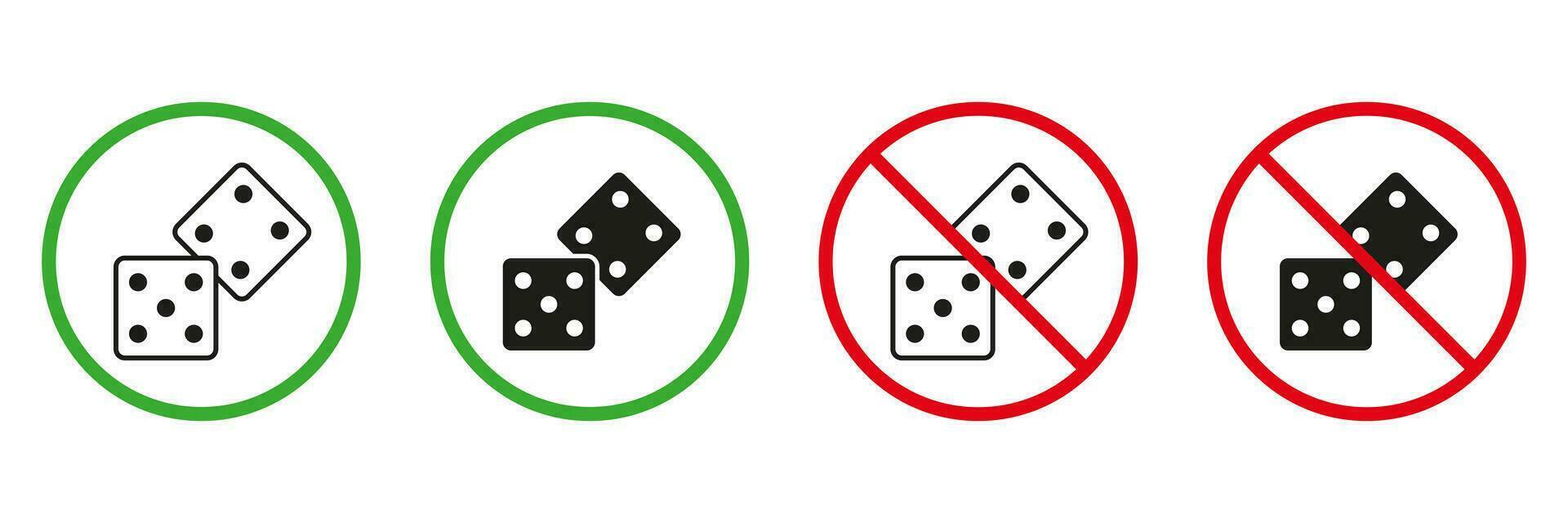 prohibido juego apuesta pictograma. dado permitido y prohibido línea y silueta negro icono colocar. dado, No jugar en chaquete signo. riesgo jugando cubo rojo detener símbolo. aislado vector ilustración.