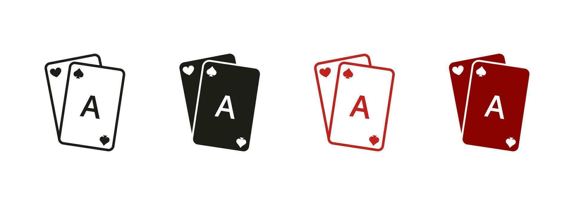 jugando puente, negro Jacobo, real póker pictograma. juego tarjeta cubierta línea y silueta icono colocar. juego adiccion signo. jugar tarjeta símbolo recopilación. aislado vector ilustración.