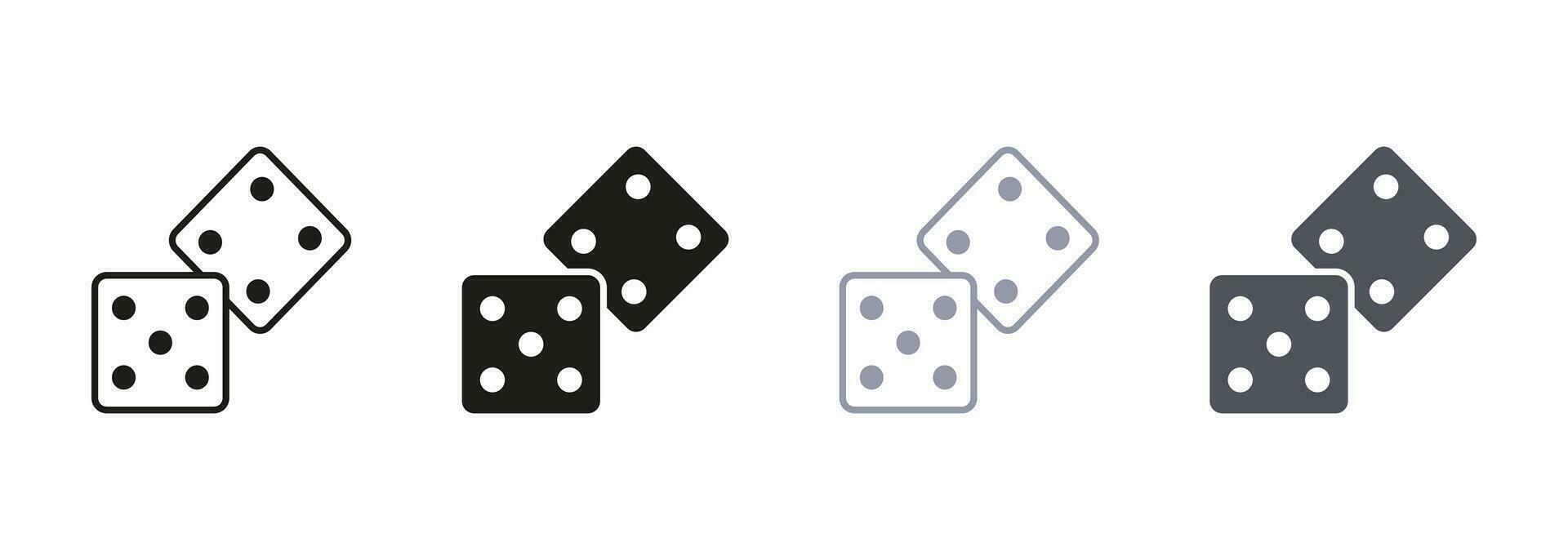 Dice Line and Silhouette Icon Set. Play Cube Roll, Lucky Game Symbol Collection. Backgammon Fun. Gambling Risk, Bet Chance Sign. Two Square Dice Pictogram. Isolated Vector Illustration.