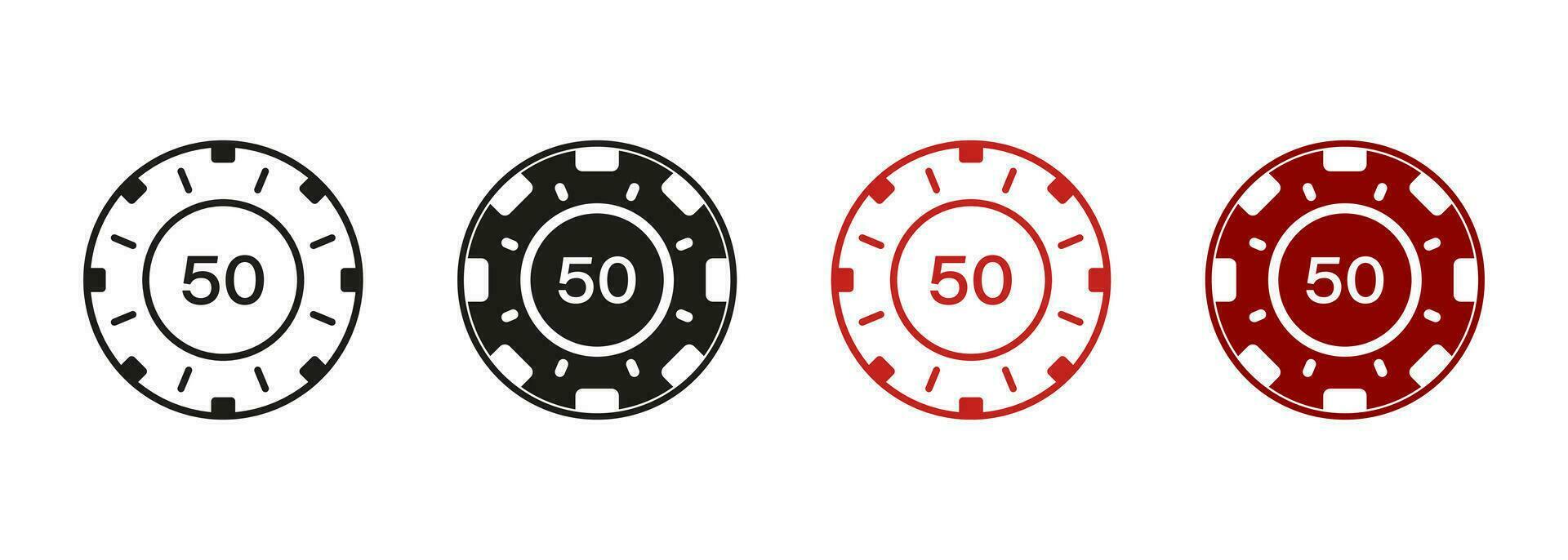 Circle Chip for Vegas Roulette Club Casino. Money Bet Token Pictogram. Poker Chip Line and Silhouette Icon Set. Lucky Coin, Play Risk Gambling Game Symbol Collection. Isolated Vector Illustration.