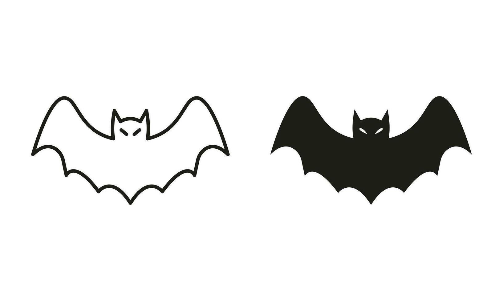 Bat Line and Silhouette Black Icon Set. Cute Halloween Spooky Fly Vampire with Wings at Night Pictogram. Scary Evil, Dark Bat Symbol Collection on White Background. Isolated Vector Illustration.