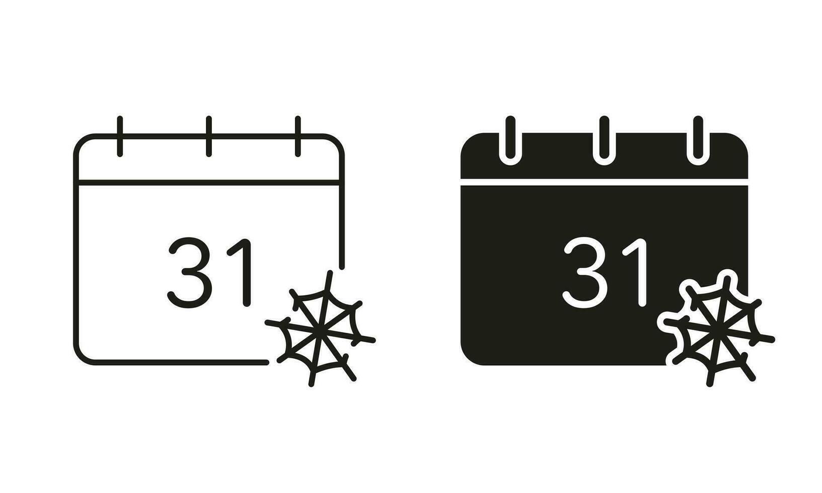 Halloween Calendar with Spider Web Line and Silhouette Black Icon Set. Date of October 31 on Calender Pictogram. Halloween Party Reminder Symbol Collection. Isolated Vector Illustration.