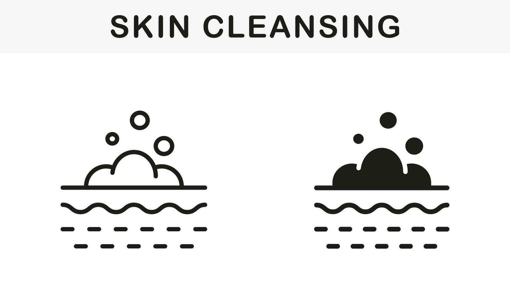 Foam Bubble on Skin for Deep Cleansing Line and Silhouette Icon Set. Skin Cosmetic Procedure Symbol Collection. Cream, Gel, Shampoo, Mousse on Face, Body Skin Pictogram. Isolated Vector Illustration.