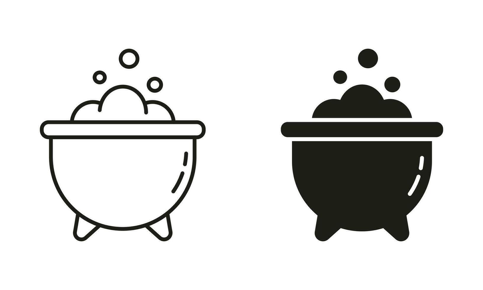 Halloween Decoration, Cauldron with Bubbling Potion Line and Silhouette Black Icon Set. Witches Cauldron Pictogram. Magicians Pot with Brew Symbol Collection. Isolated Vector Illustration.