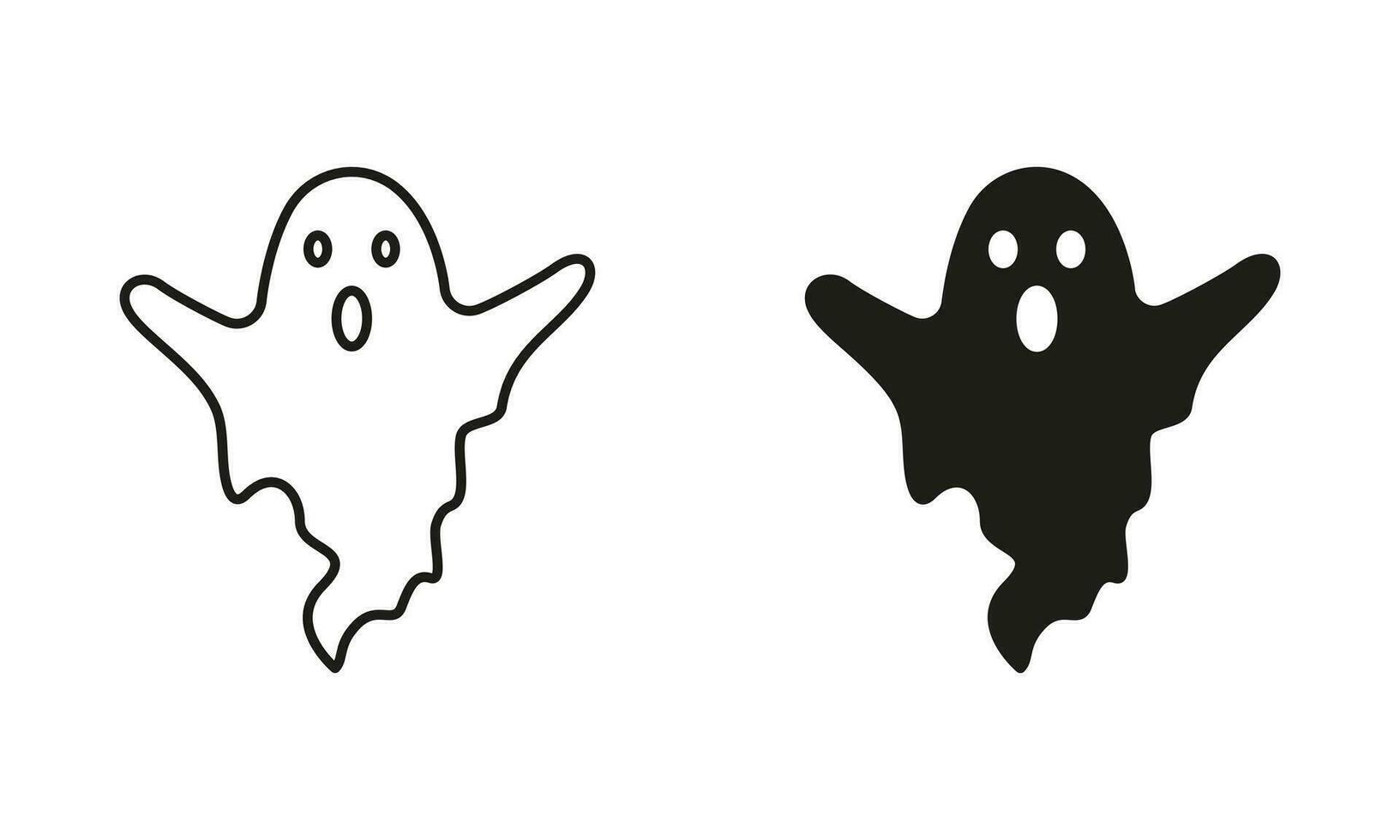 Halloween Ghost Line and Silhouette Black Icon Set. Spooky and Scary Monster for Halloween Pictogram. Cute Funny Dark Ghost Under Sheet for Halloween Symbol Collection. Isolated Vector Illustration.
