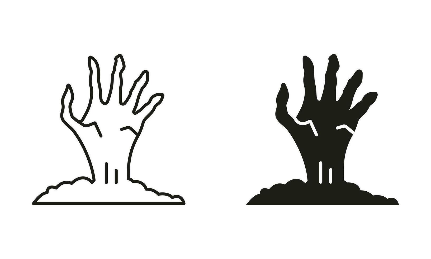 Dead Man Hand Sticking Out Ground Line and Silhouette Black Icon Set. Zombies Hand Halloween Decorations Pictogram. Scary Monsters Bony Arm Symbol Collection. Isolated Vector Illustration.