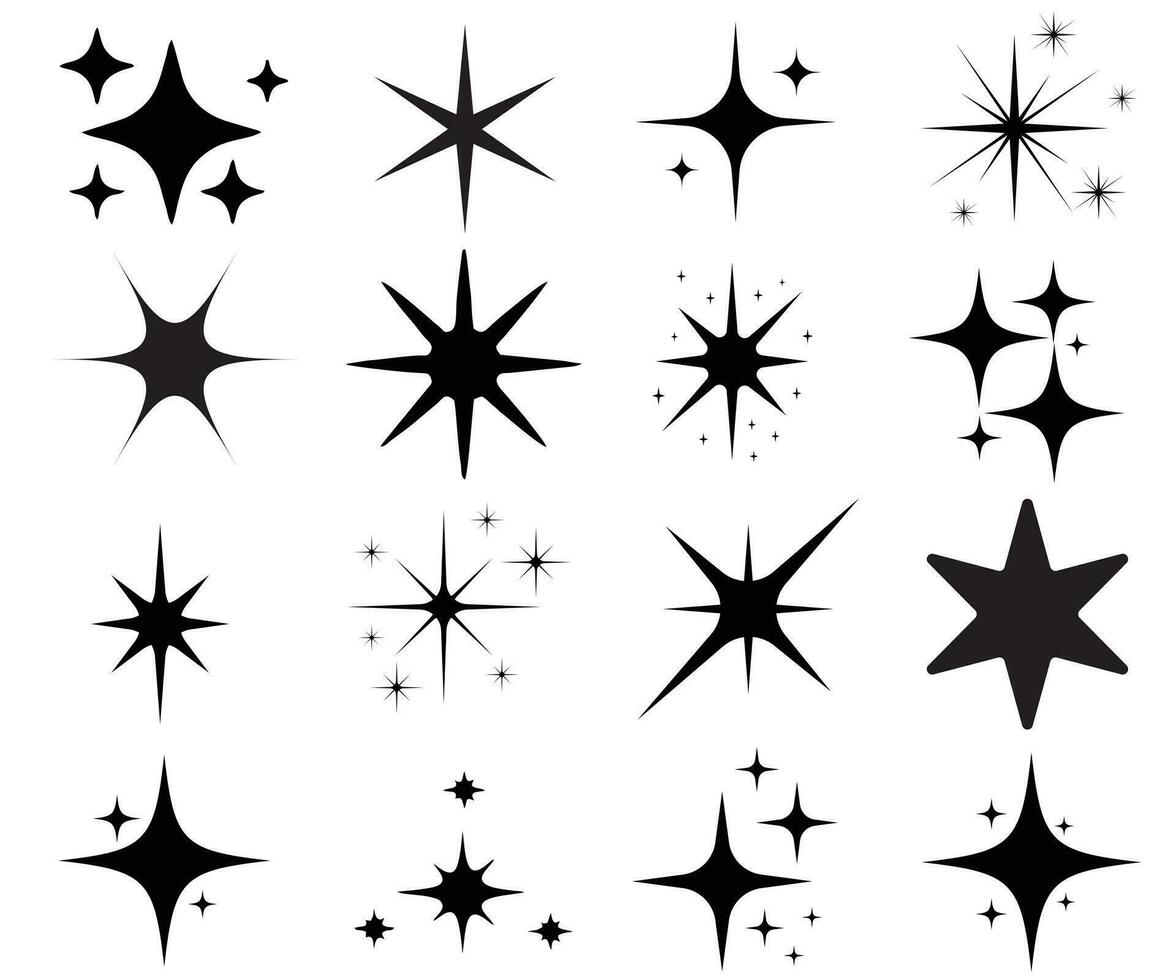 Minimalist silhouette stars icon, twinkle star shape symbols. Modern geometric elements, shining star icons, abstract sparkle black silhouettes symbol vector set