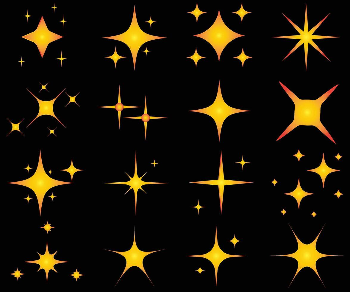 Minimalist colour stars icon, twinkle star shape symbols. Modern geometric elements, shining star icons, abstract sparkle black silhouettes symbol vector set