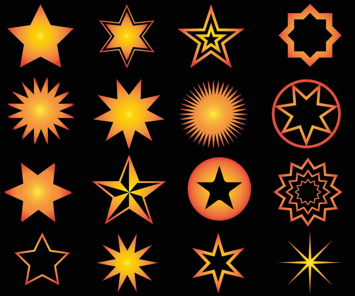 Minimalist colour stars icon, twinkle star shape symbols. Modern geometric elements, shining star icons, abstract sparkle black silhouettes symbol vector set