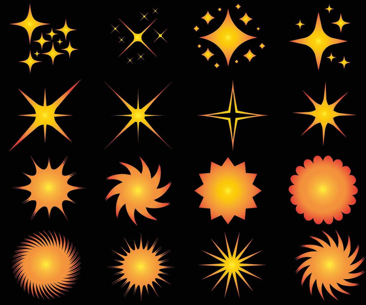 Minimalist colour stars icon, twinkle star shape symbols. Modern geometric elements, shining star icons, abstract sparkle black silhouettes symbol vector set