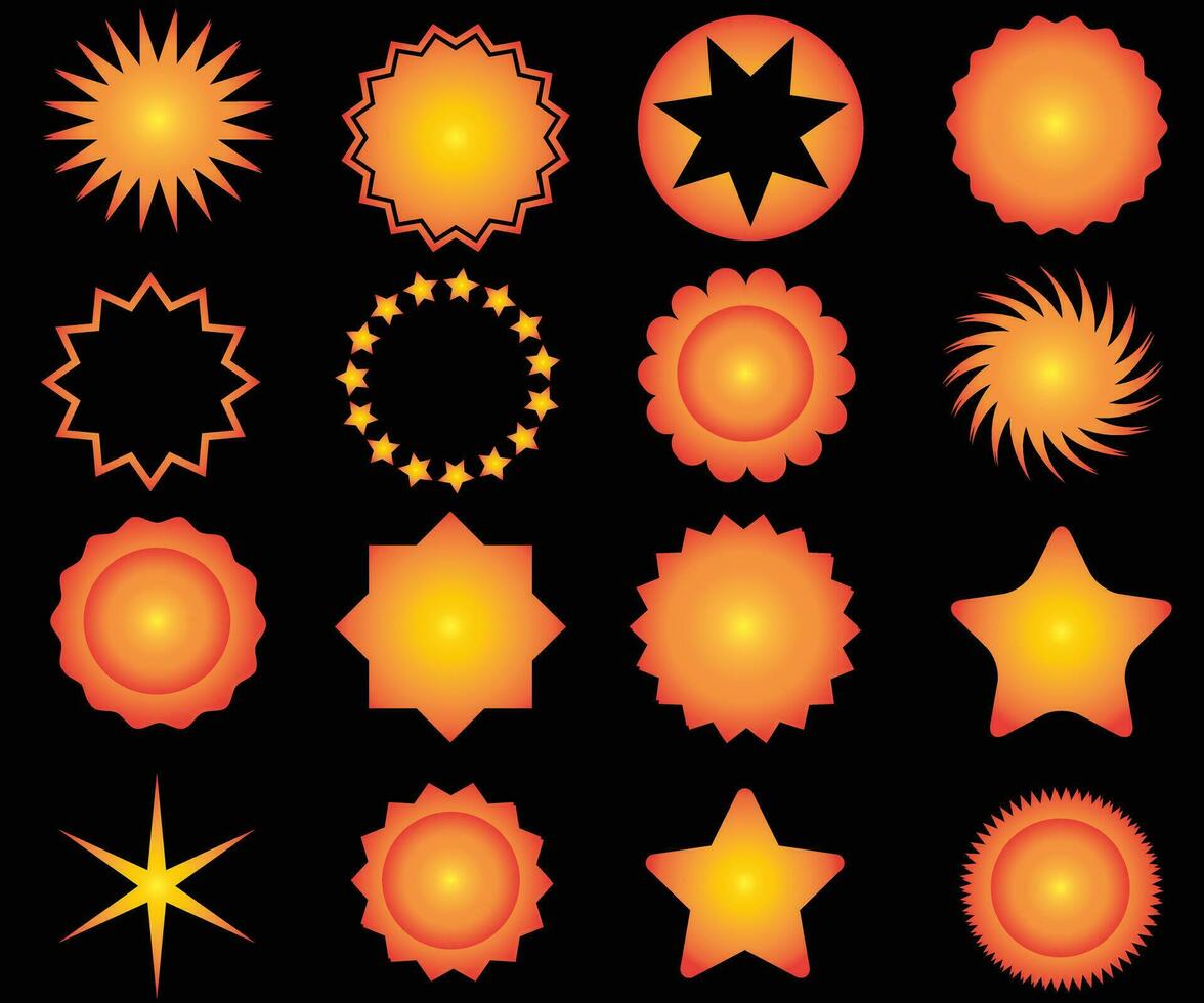 Minimalist colour stars icon, twinkle star shape symbols. Modern geometric elements, shining star icons, abstract sparkle black silhouettes symbol vector set