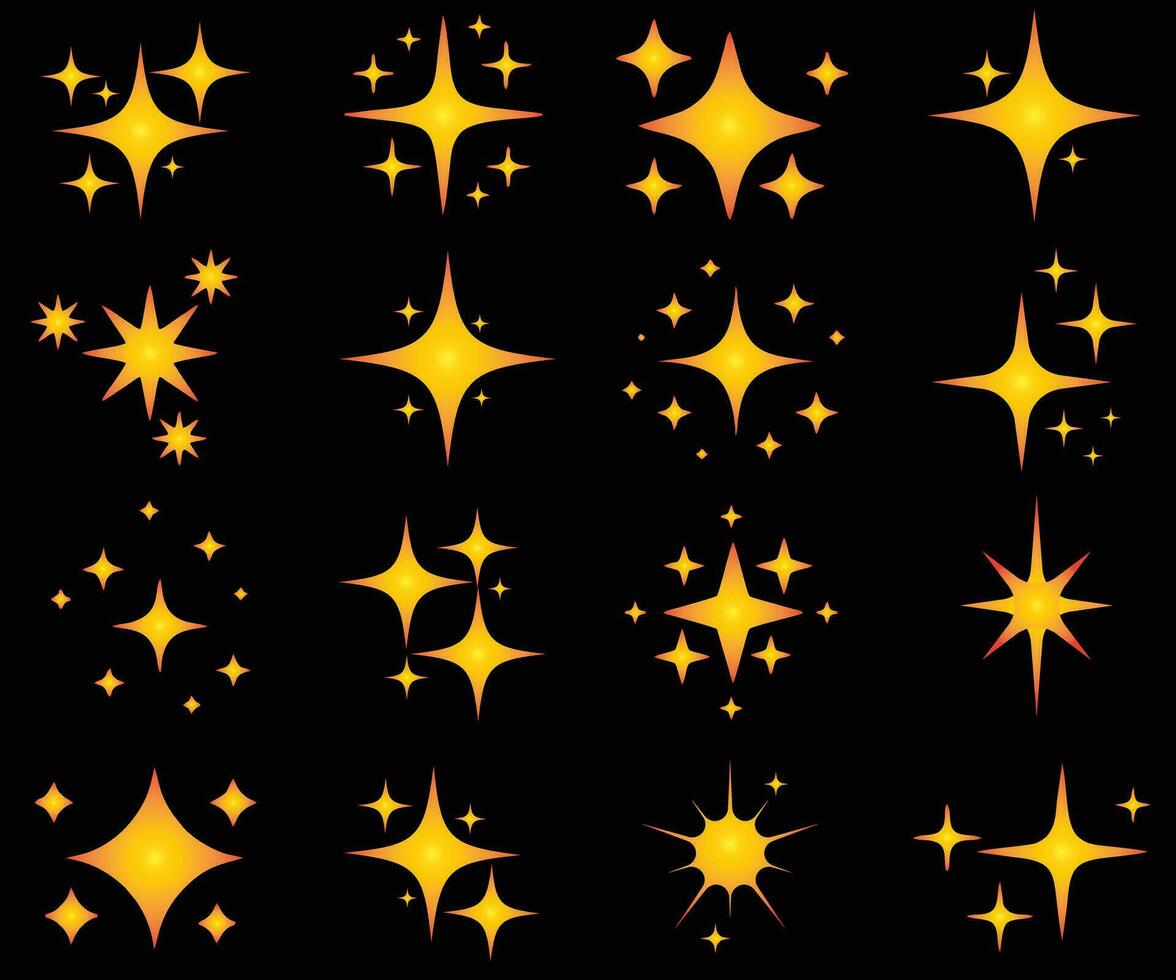 Minimalist colour stars icon, twinkle star shape symbols. Modern geometric elements, shining star icons, abstract sparkle black silhouettes symbol vector set