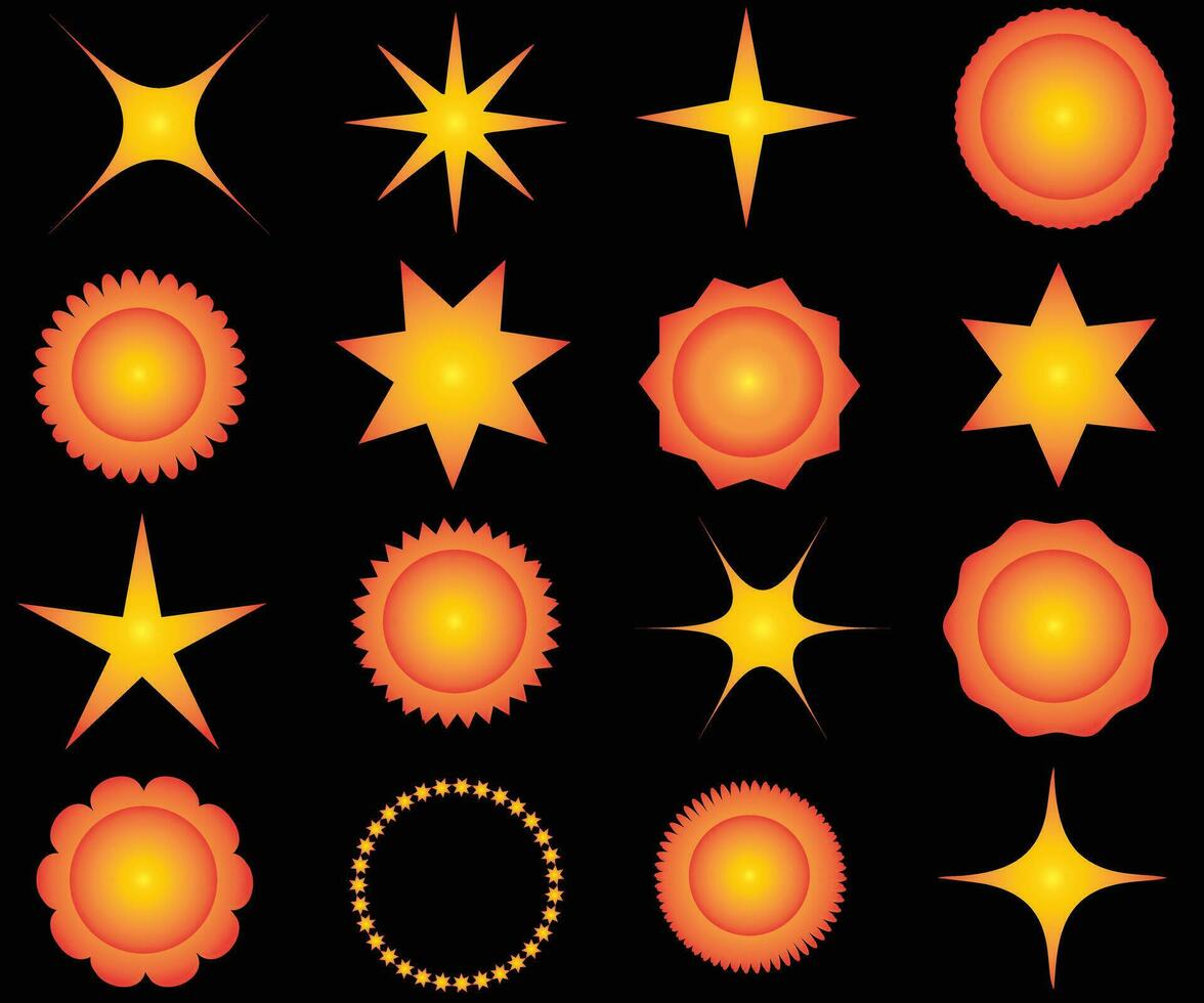 Minimalist colour stars icon, twinkle star shape symbols. Modern geometric elements, shining star icons, abstract sparkle black silhouettes symbol vector set