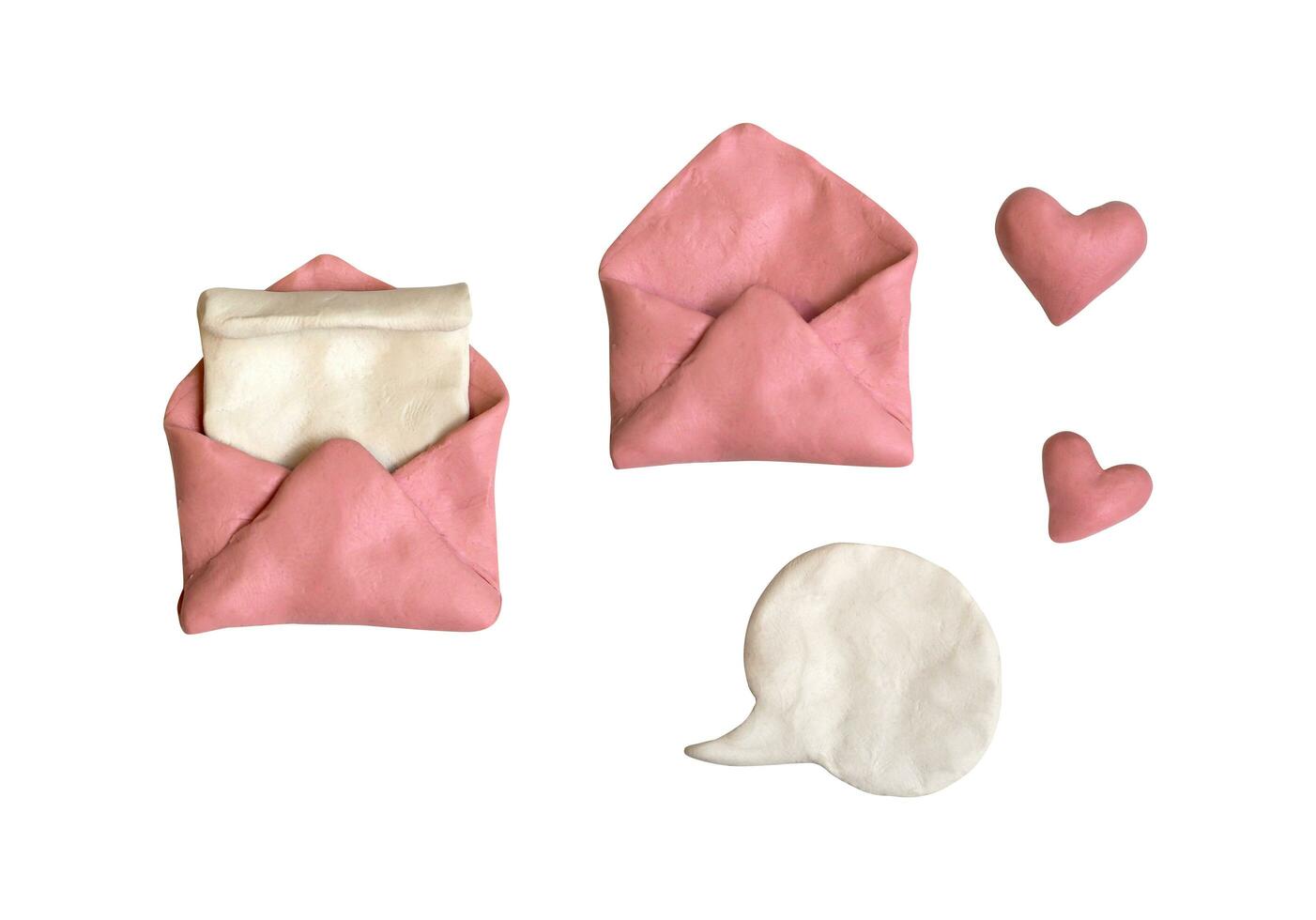 Envelope, sheet of paper, speech bubble and hearts plasticine clay. Pink plasticine clay 3D illustration on white background, cute dough shape photo