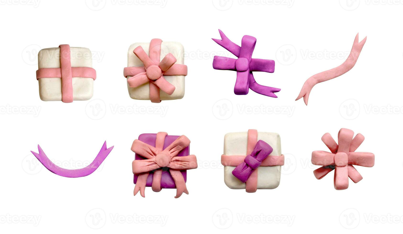 Set various gift boxes and ribbons and bows from plasticine. Pink and lilac plasticine clay 3D illustration isolated on white background, cute dough shape photo
