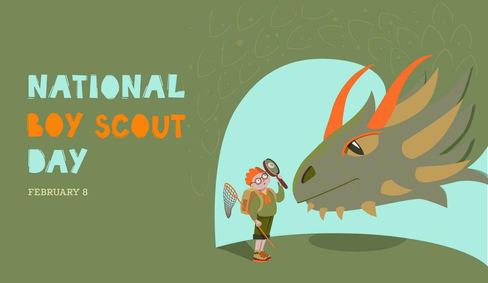 National Boy Scout Day February 8 Business Brochure Flyer Banner Design Horizontal Template Vector, Presentation Abstract Cover, Modern Publishing Poster and Flag Banner.A boy scout meets a dragon vector