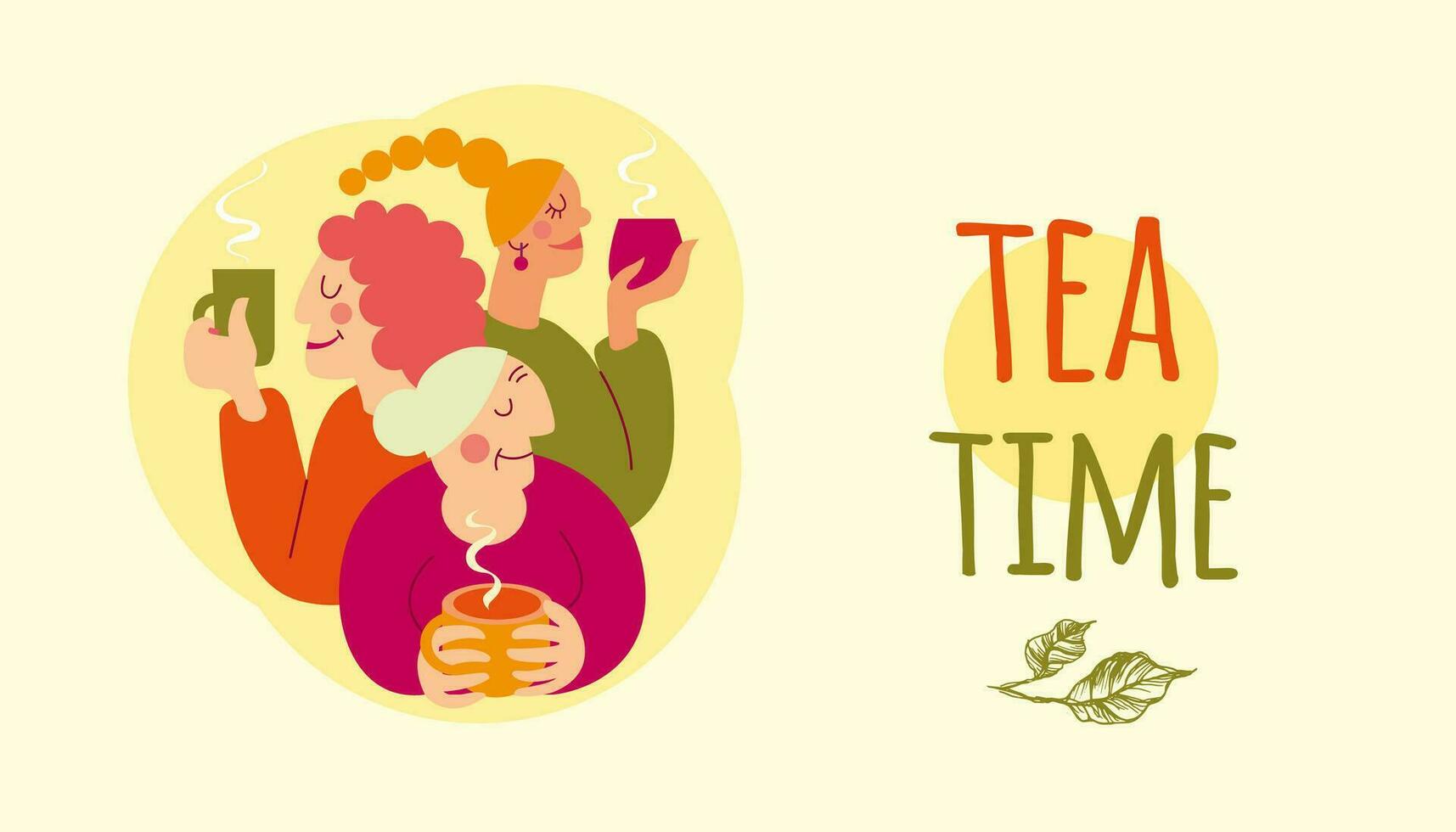 Three women - a girl, a woman, a grandmother drink tea. hand drawn vector design illustrations.