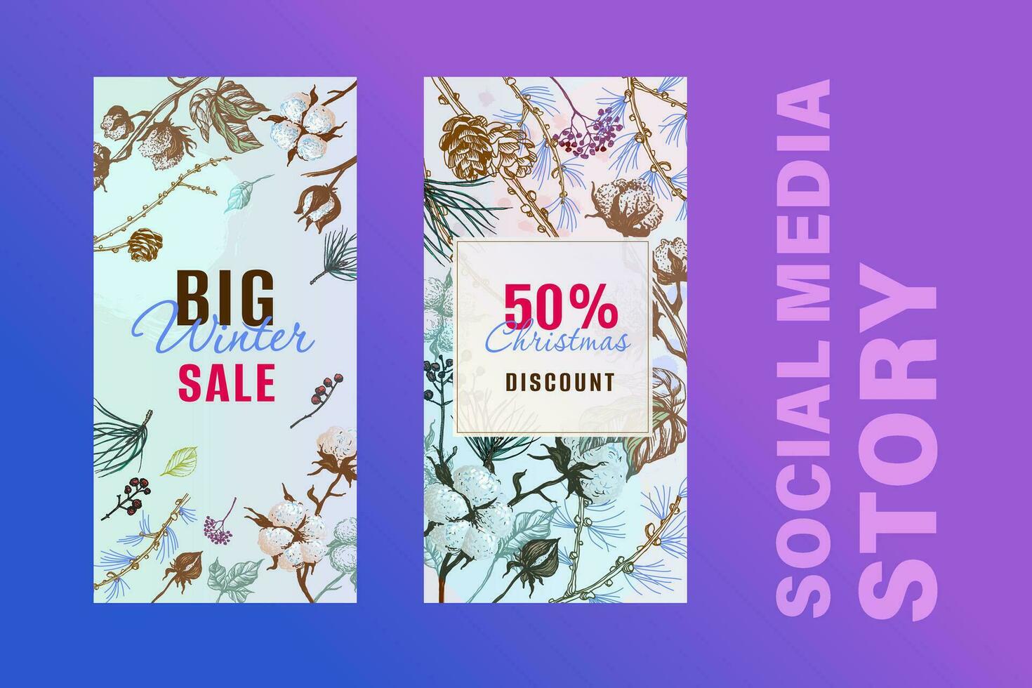 winter sale social media posSet of winter sale stories banner templates. Winter snow design for new stories and promo posts. Winter design with winter plants. vector