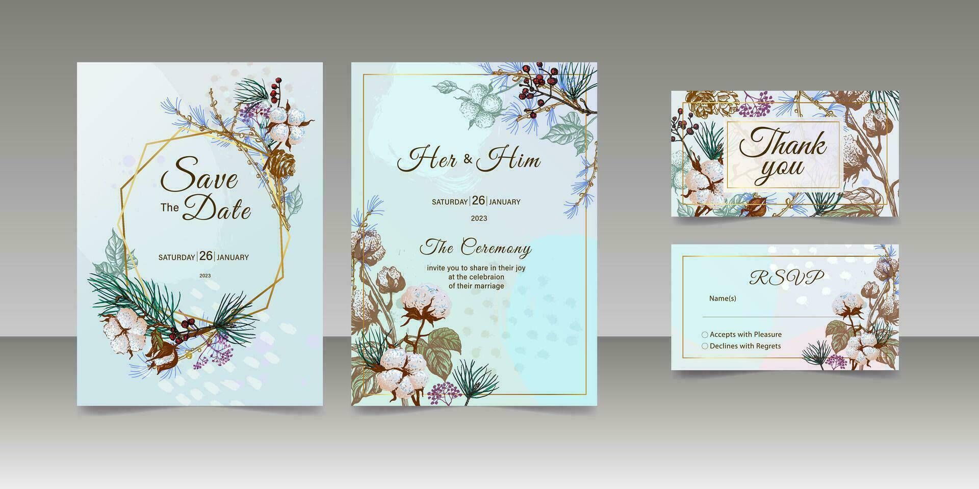 Floral wedding invitation for winter wedding, save the date thank you rsvp card design template. Vector. Cotton flowers, pine branches, winter berries and flowers. vector