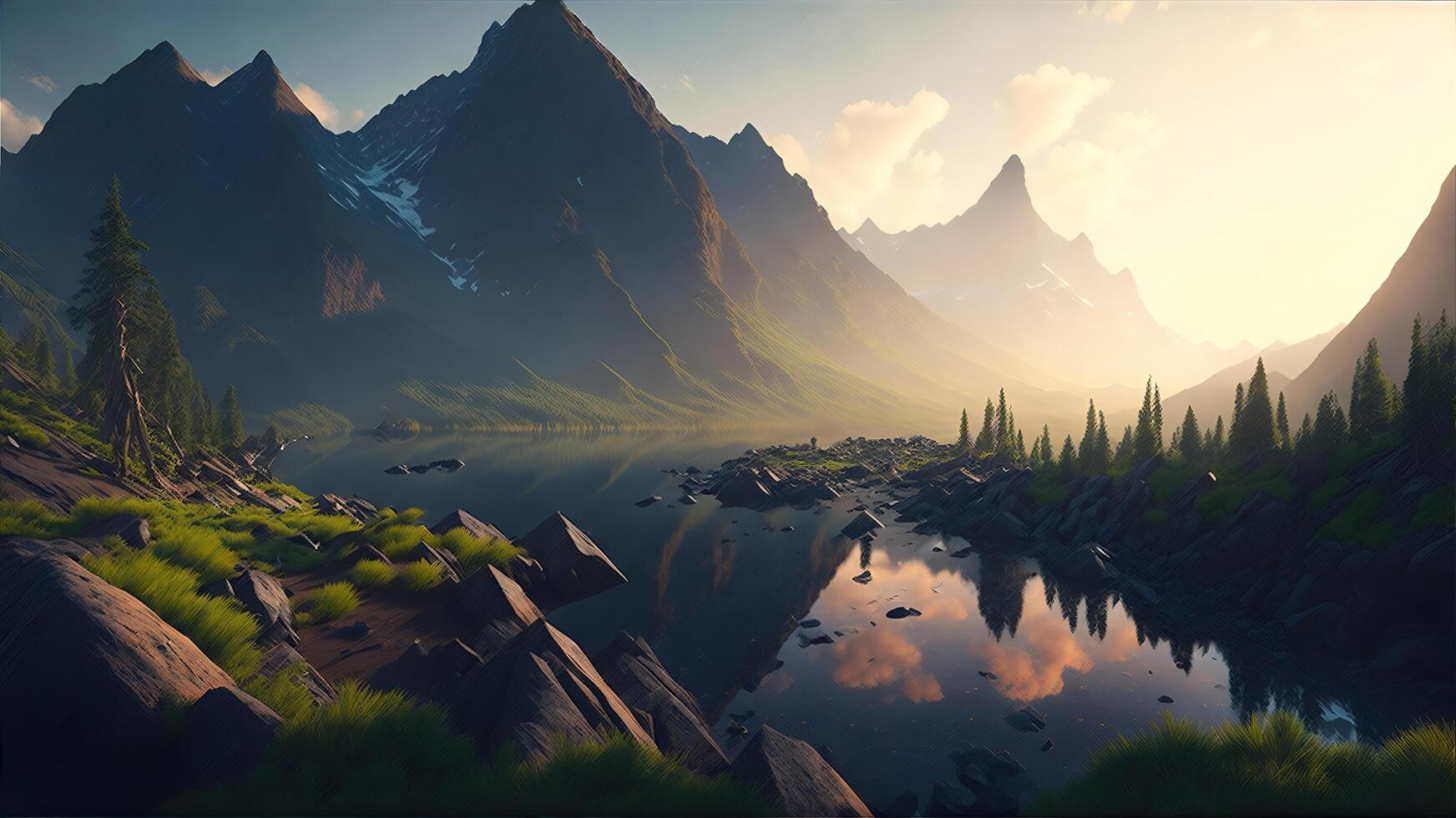 Stunning landscape river golden hour falls and mountains. photo