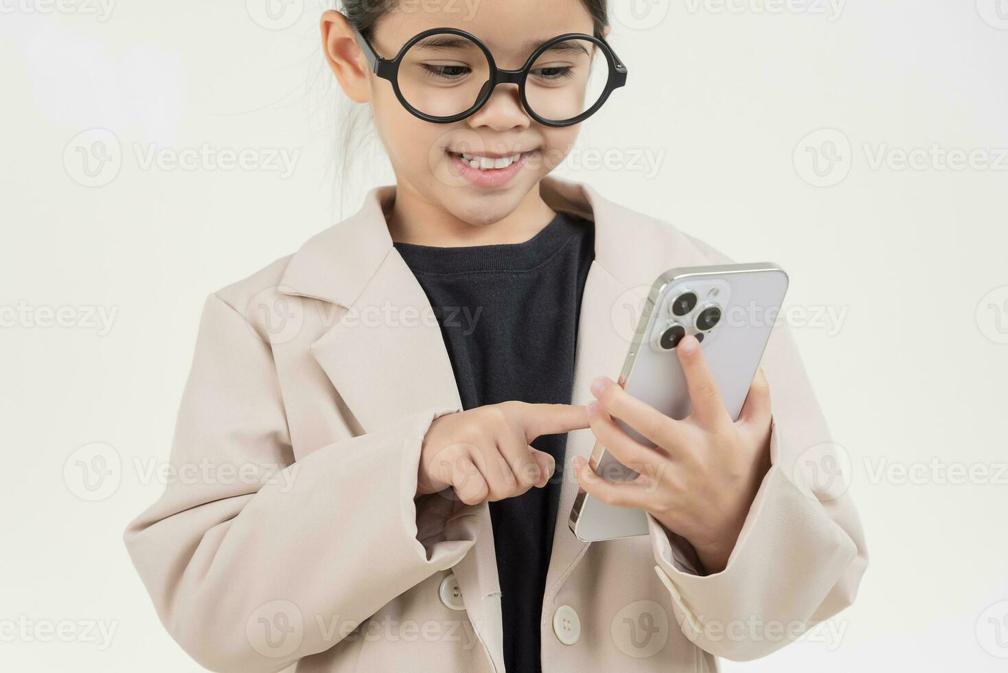 Little business lady Asia. formalwear using a mobile phone on a white background photo