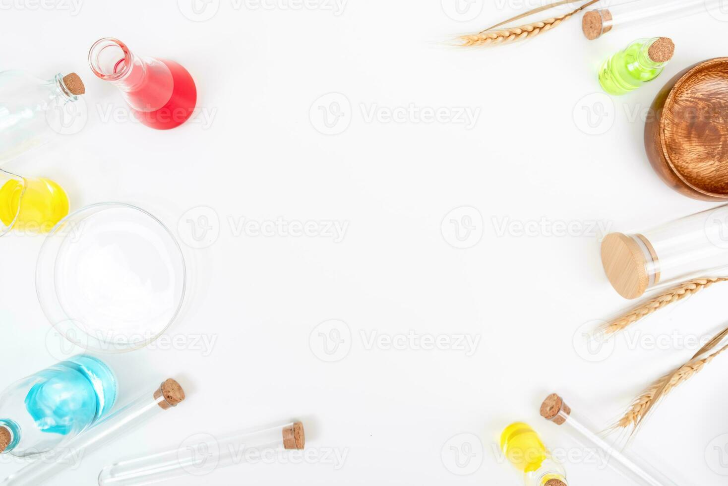 Top view science lab chemistry flask with beakers, flasks, and test tubes filled with colorful liquids photo