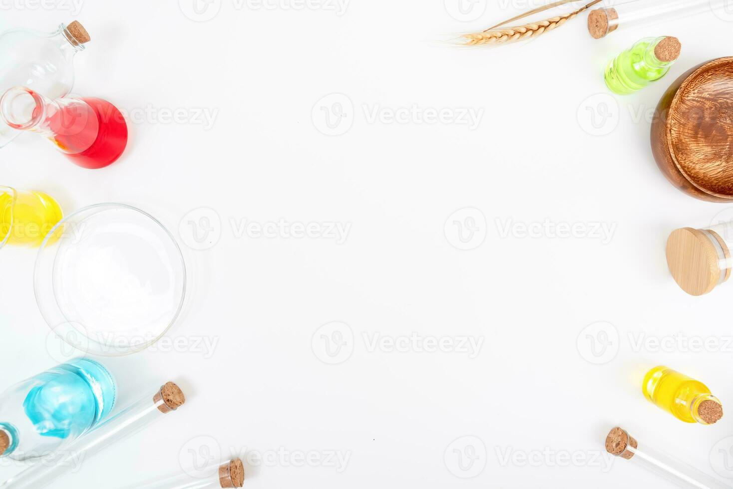 Top view science lab chemistry flask with beakers, flasks, and test tubes filled with colorful liquids photo