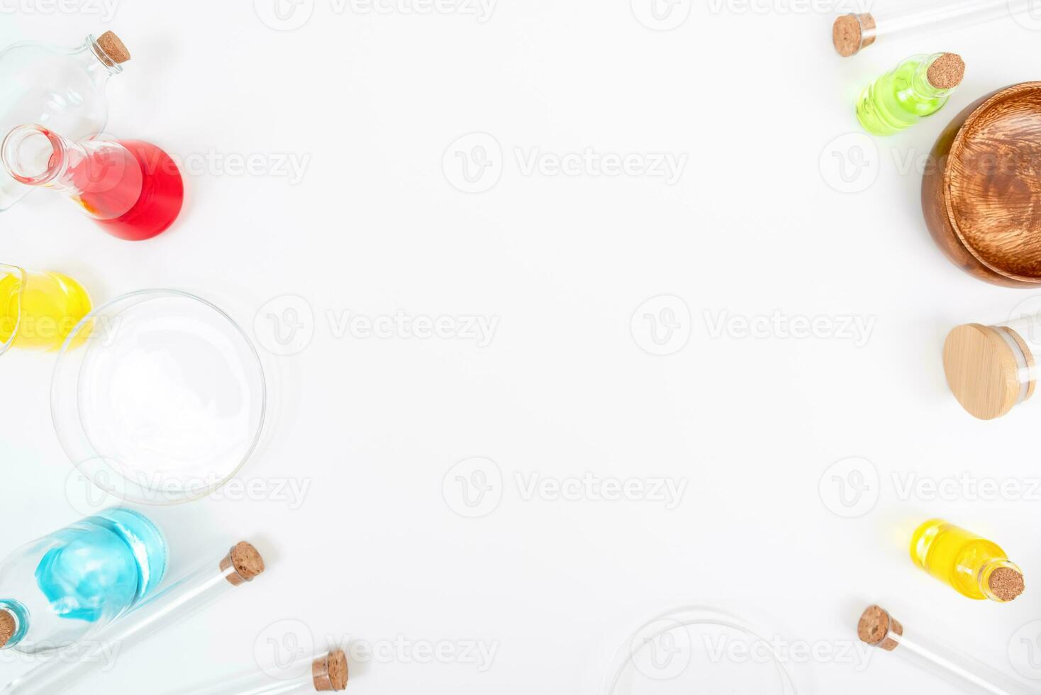 Top view science lab chemistry flask with beakers, flasks, and test tubes filled with colorful liquids photo
