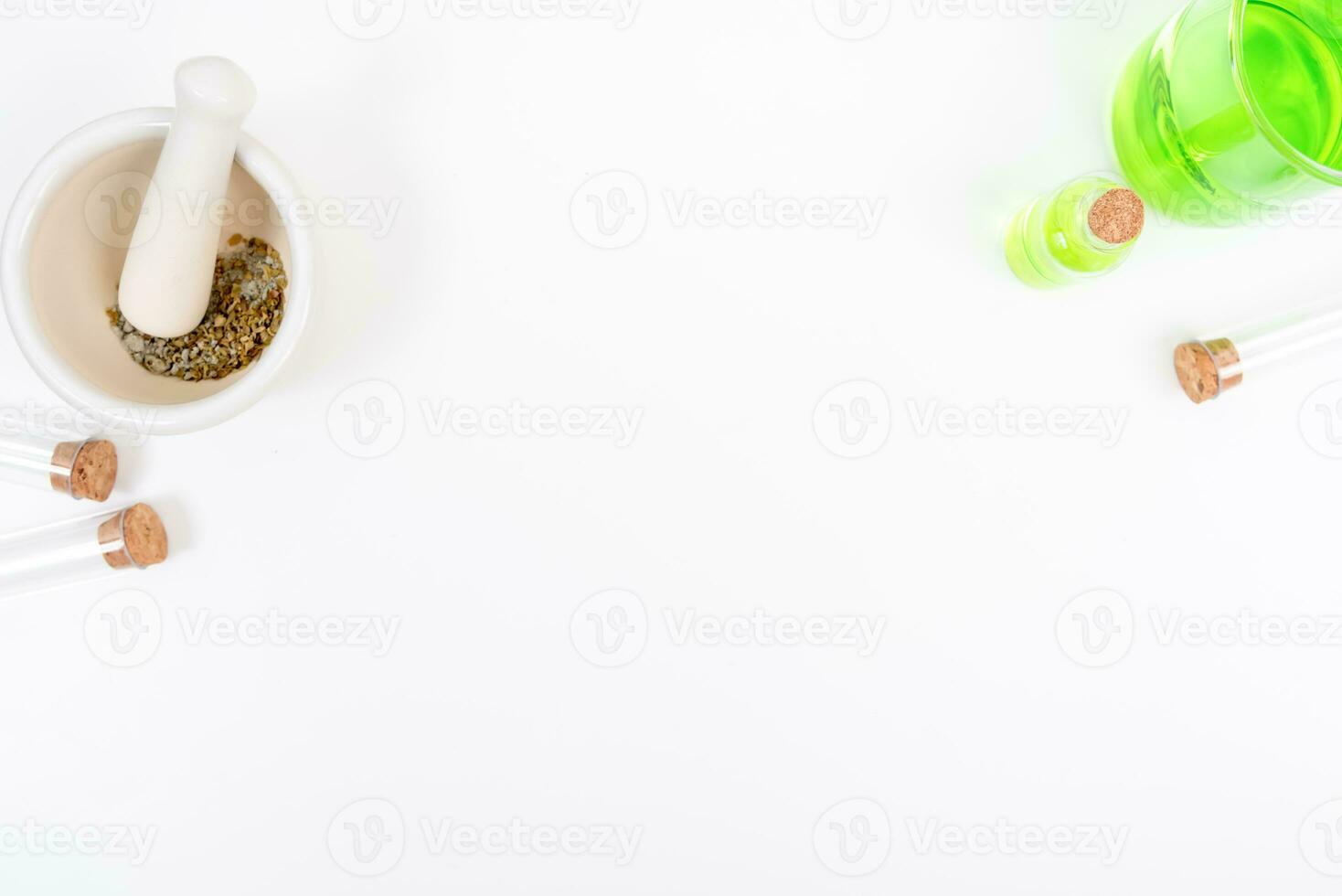 Top view science lab chemistry flask with beakers, flasks, and test tubes filled with colorful liquids photo