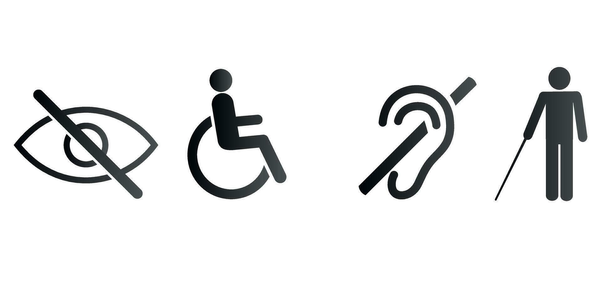 Sign people with disabilities. A disabled person sitting in a wheelchair, a person with a stick, blind, deaf. Must-have icons for public spaces, web design, and app design vector