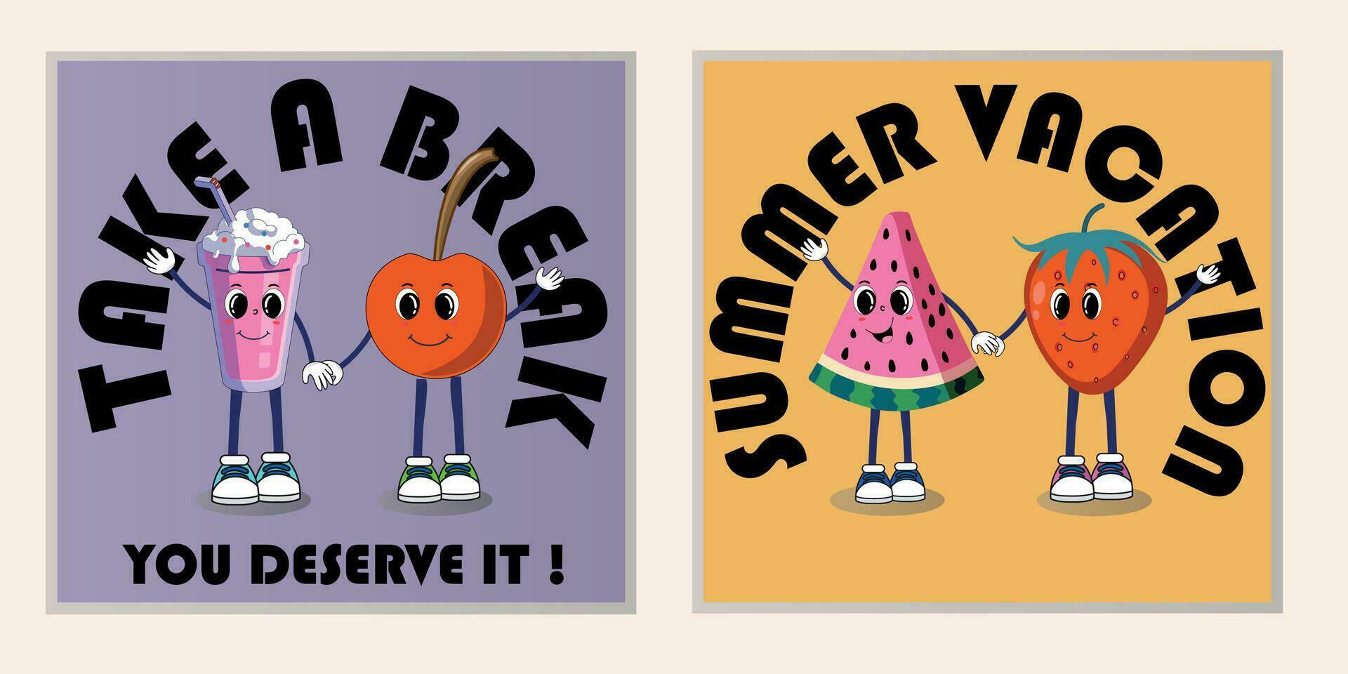 Set of summer retro posters or cards with walking funny cute comic characters. Lettering illustration for t-shirt print. Suitcase, ice cream, cocktail, spf cream, watermelon, pool float, surf vector