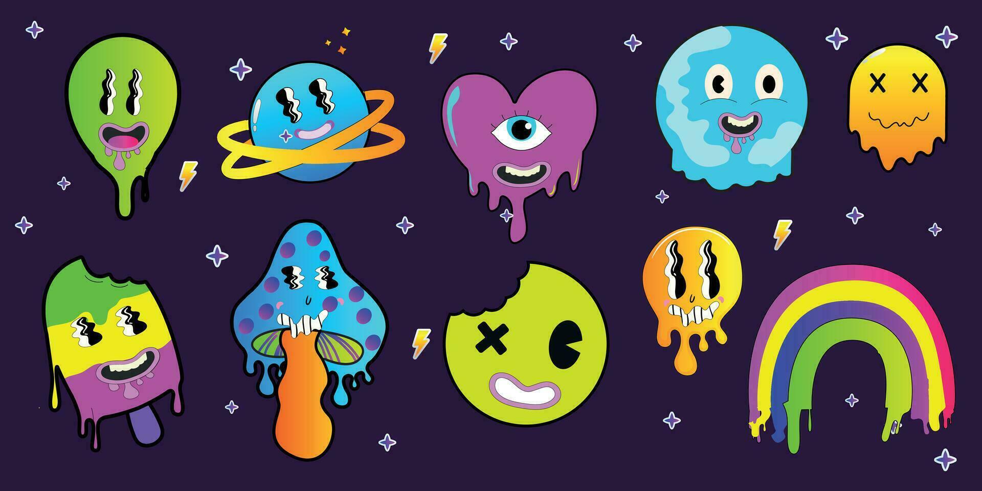 Psychedelic cartoon sticker set. Funny faces with distorted eyes and vibrant colors. Flowing texture. Crazy eyes. vector