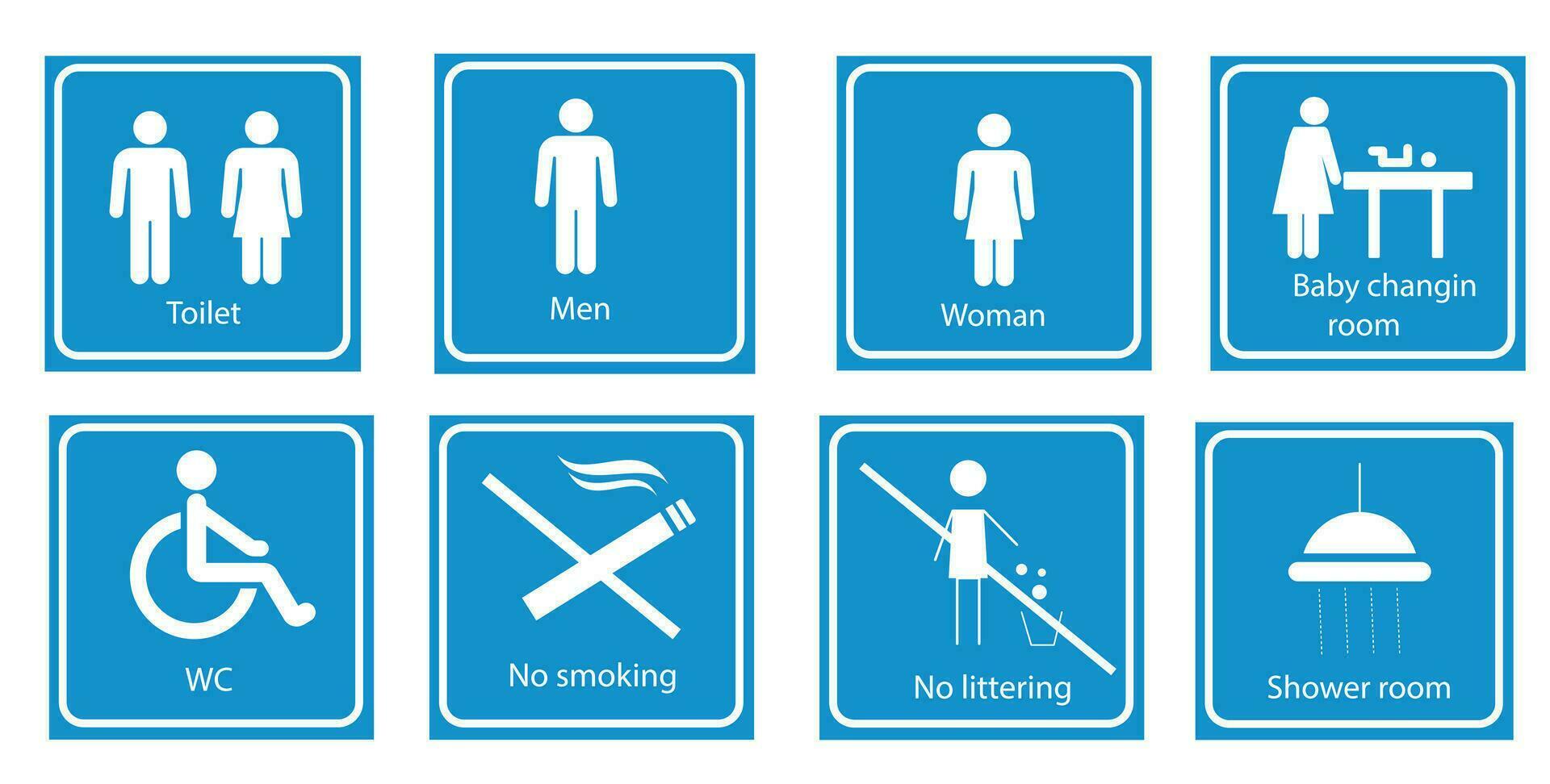 Toilet signage set. WC signs. Man,woman,mother with baby and handicap symbols. Restroom for male, female, disabled. Baby changing room, shower room. No littering. No smoking. Vector graphics