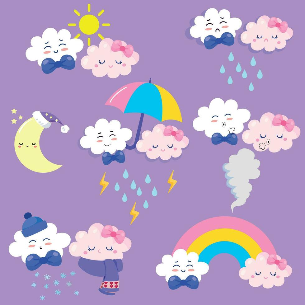 A set of cute cartoon weather forecaster characters with funny faces. Clouds, sun, rainbow, tornadoes, rain and wind. Vector illustrations.