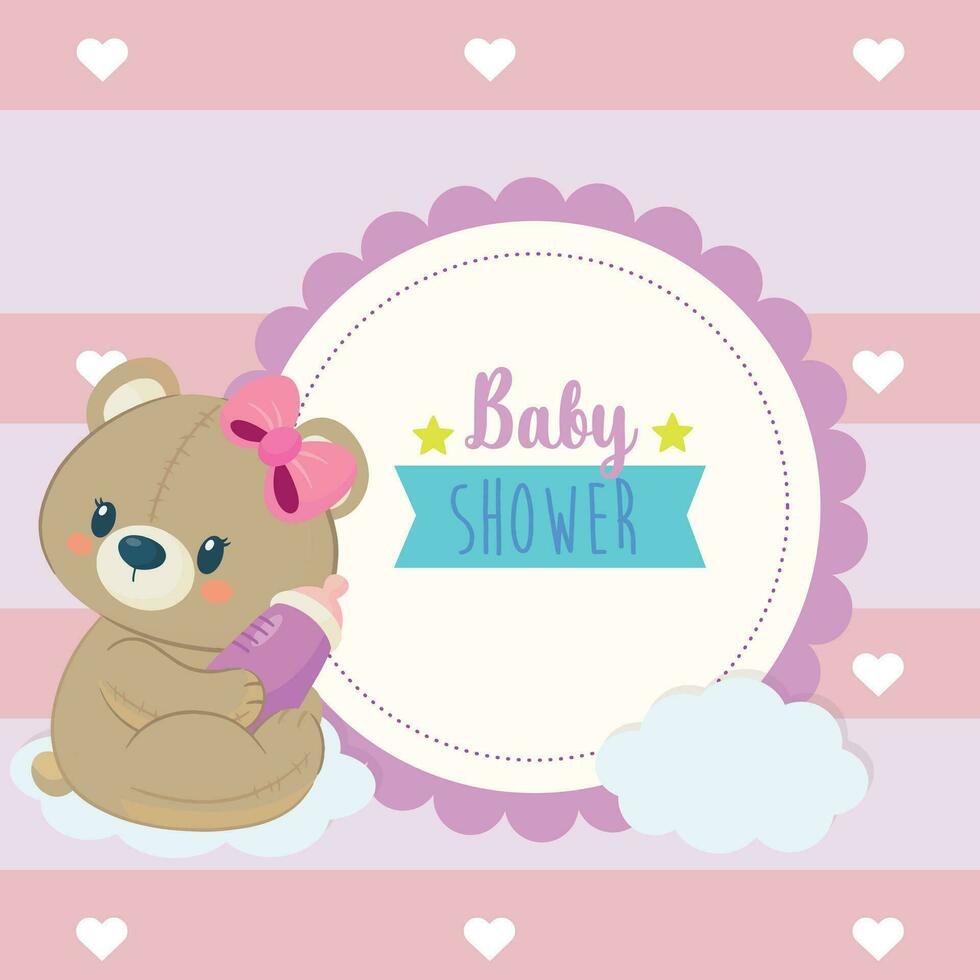 Baby shower. Cute bear label on the clouds. vector