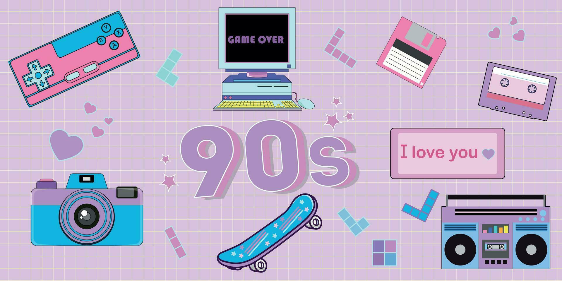 linda pegatina paquete en de moda retro y2k estilo. kawaii elementos colocar. glamour años 90 nostalgia para 1990s -2000s. vector