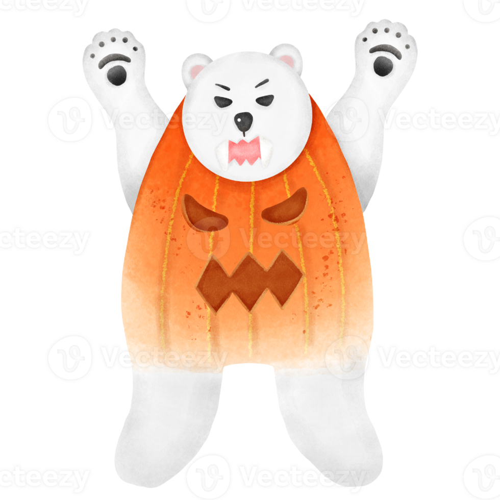 A cute watercolor polar bear dressed as a pumpkin for Halloween png