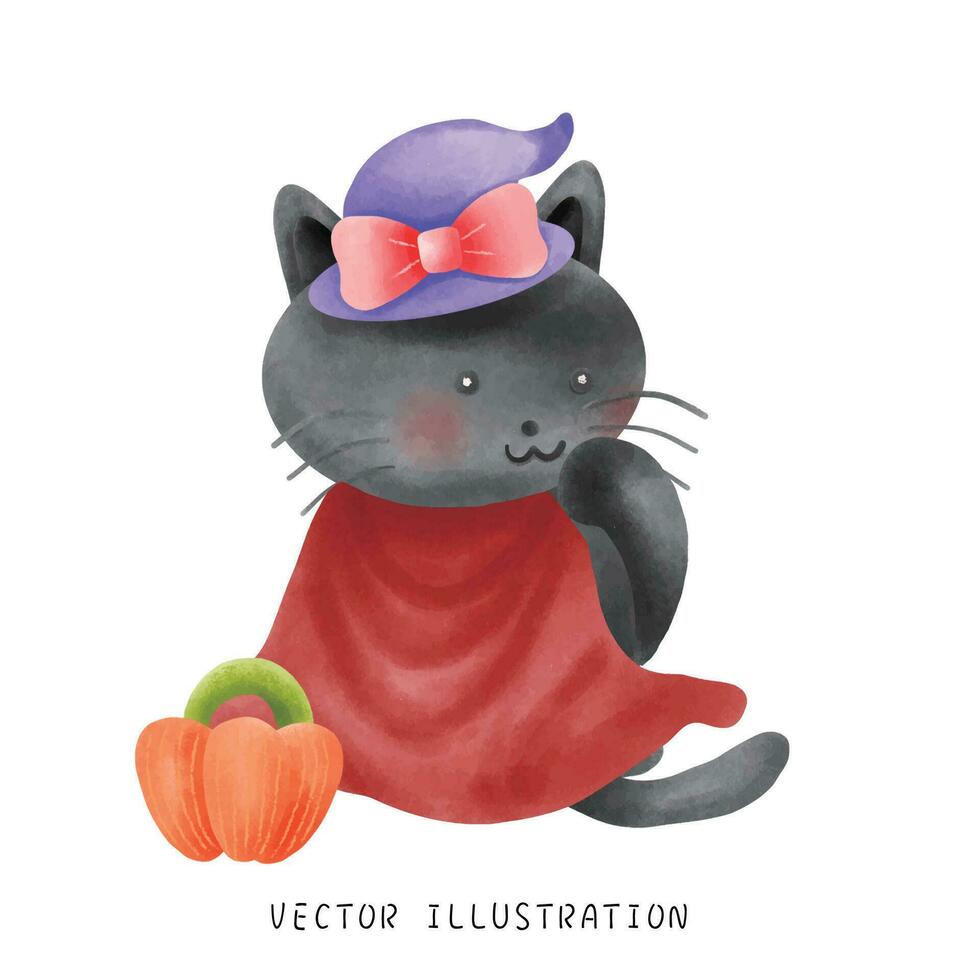 encantador negro gato en un de bruja sombrero para Víspera de Todos los Santos. vector