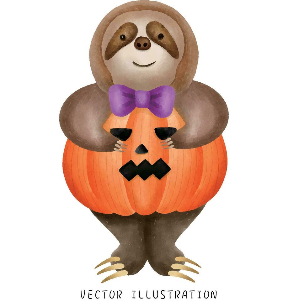 un linda perezoso vestido como un calabaza en un acuarela ilustración para Víspera de Todos los Santos vector