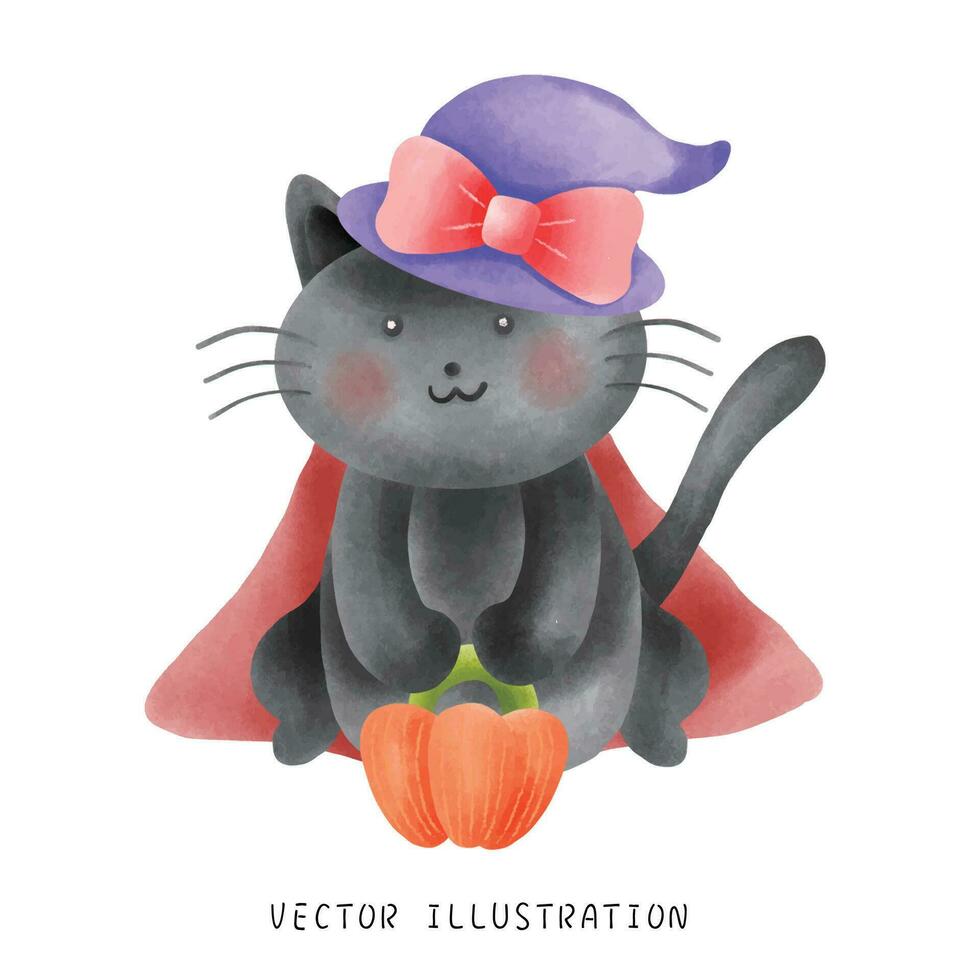 Cute black cat holding a watermelon tube on Halloween. vector