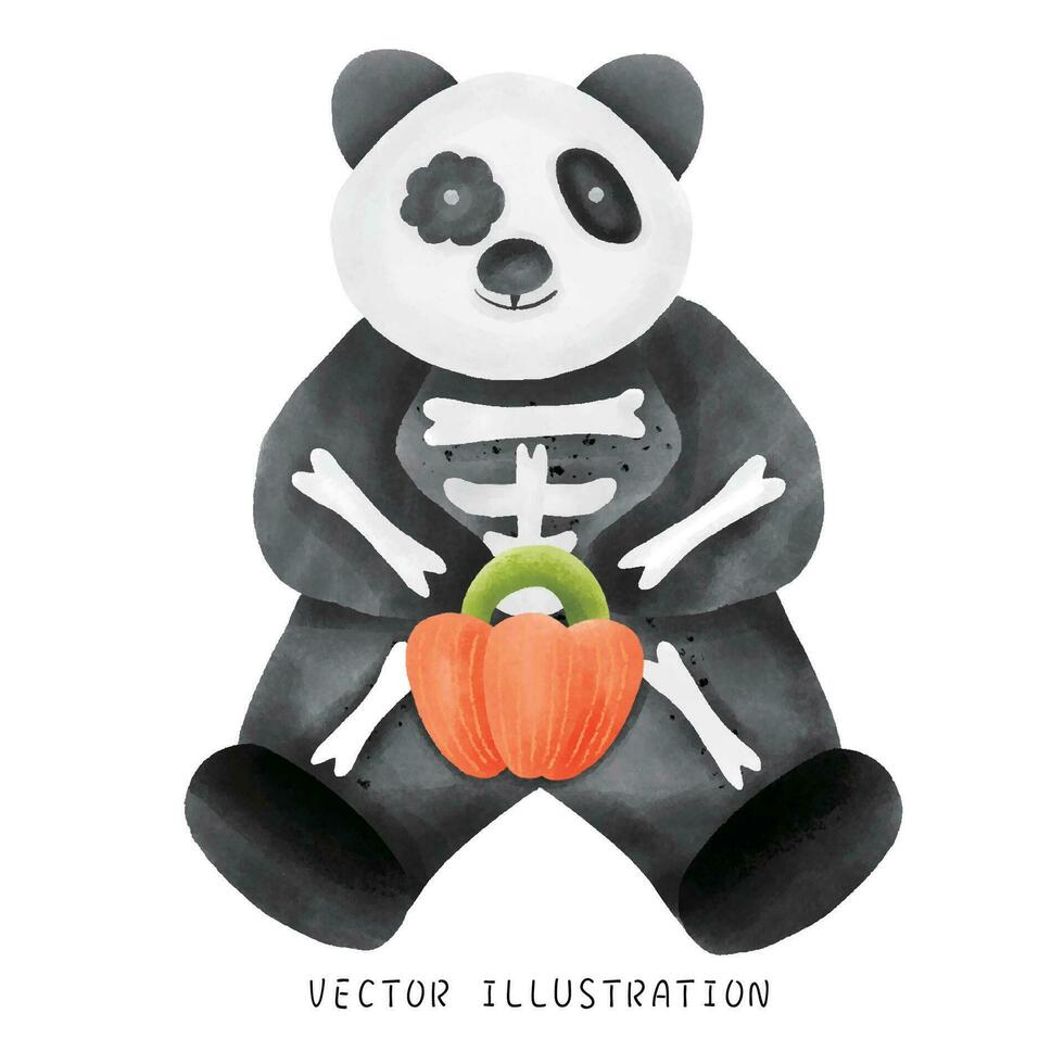 A cute watercolor panda dressed as a skull man for Halloween holding a