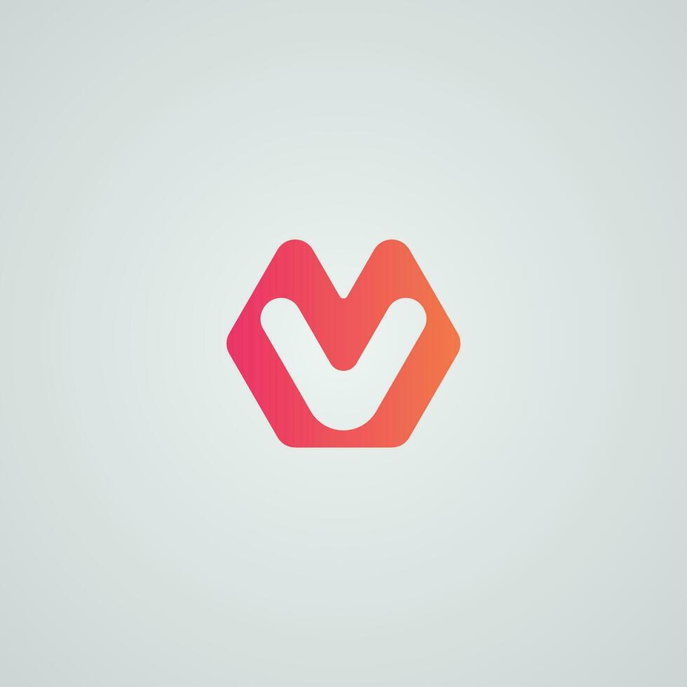 M V hexagon shape round letter logo design template. vector