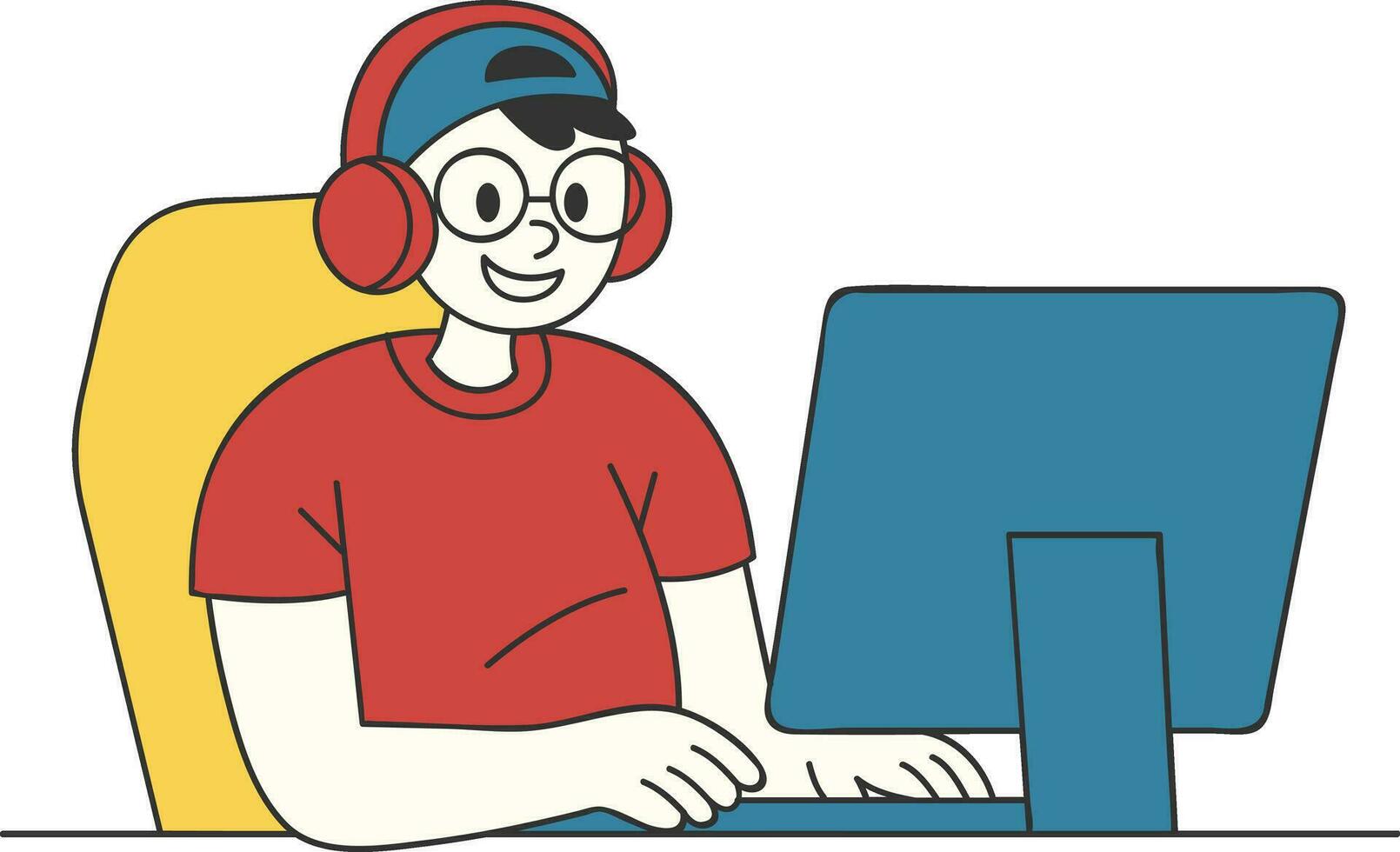 Young man with headphones and computer. Flat design. Vector illustration.