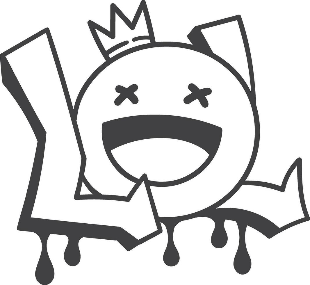 Monochrome vector illustration of a crying cat with a crown on his head. Emoji character.