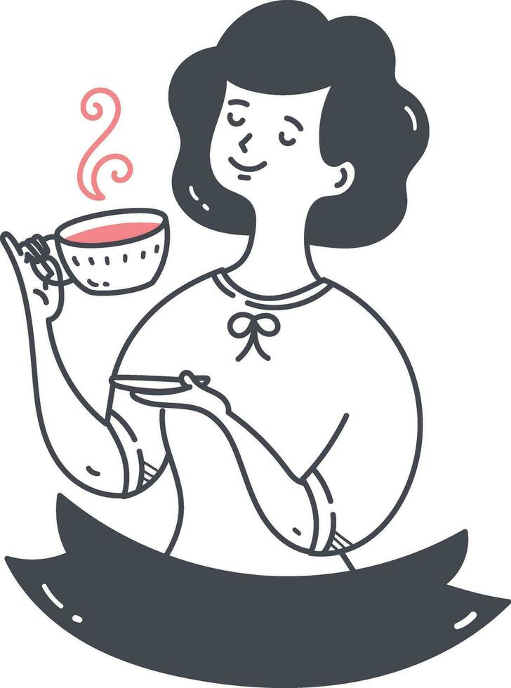 mujer participación taza de té. vector ilustración en garabatear estilo