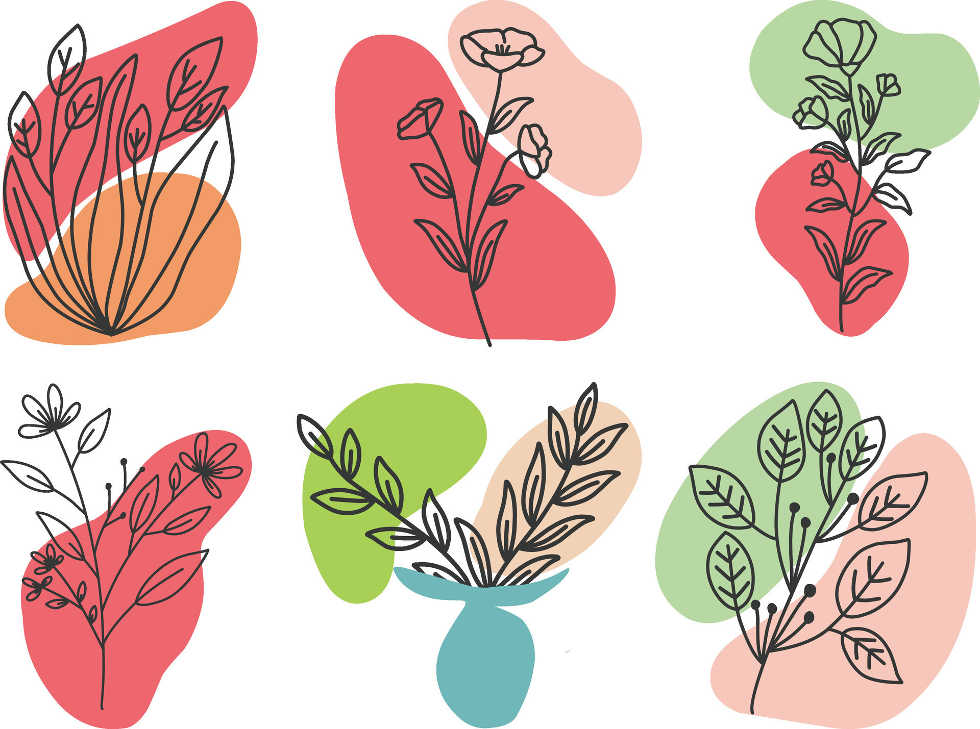 Set Of Flowers Leaves Floral Stems Stock Illustration - Download Image Now  - Flower, Drawing - Art Product, Doodle - iStock